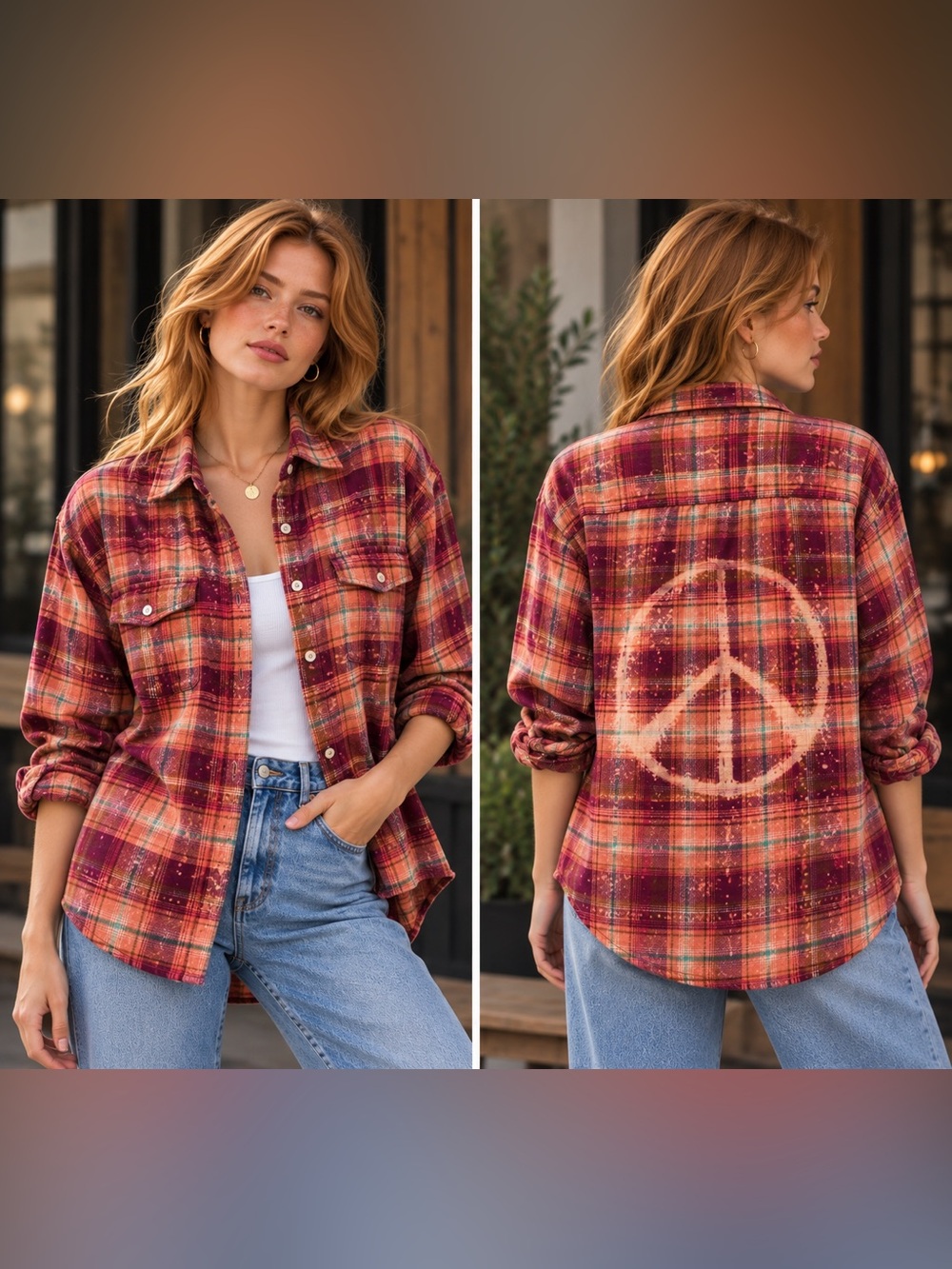 Upcycled Old Navy Flannel Large Bleached Peace Sign Plaid OOAK Boho Grunge